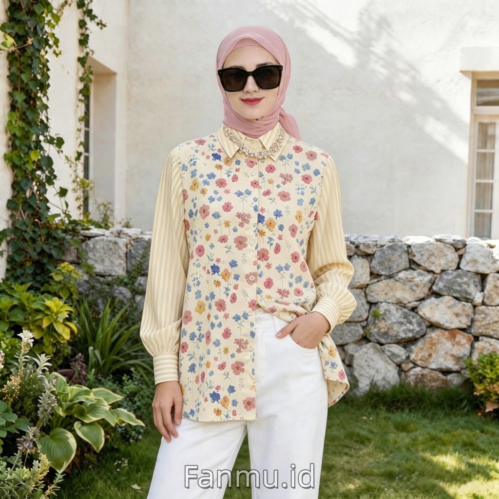 FANMU Blouse Atasan Kasual Wanita Lengan Panjang - Kemeja Kuning Motif Bunga Cantik