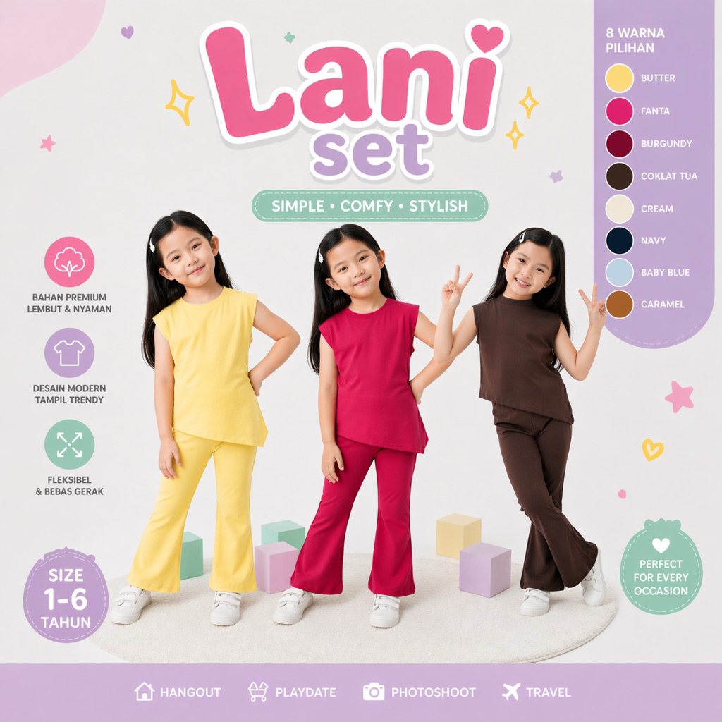 One Set Anak Perempuan Lucu Lani Set Celana Anak 1-6 tahun Bahan Kaos