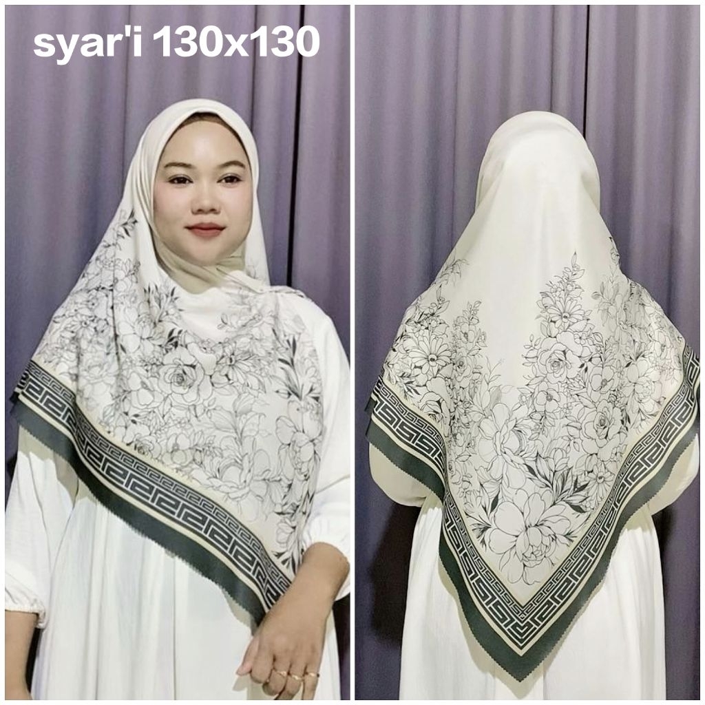 HIJAB SYARI JUMBO SEGI EMPAT VOAL MOTIF BUNGA PUTIH HITAM UK 130X130