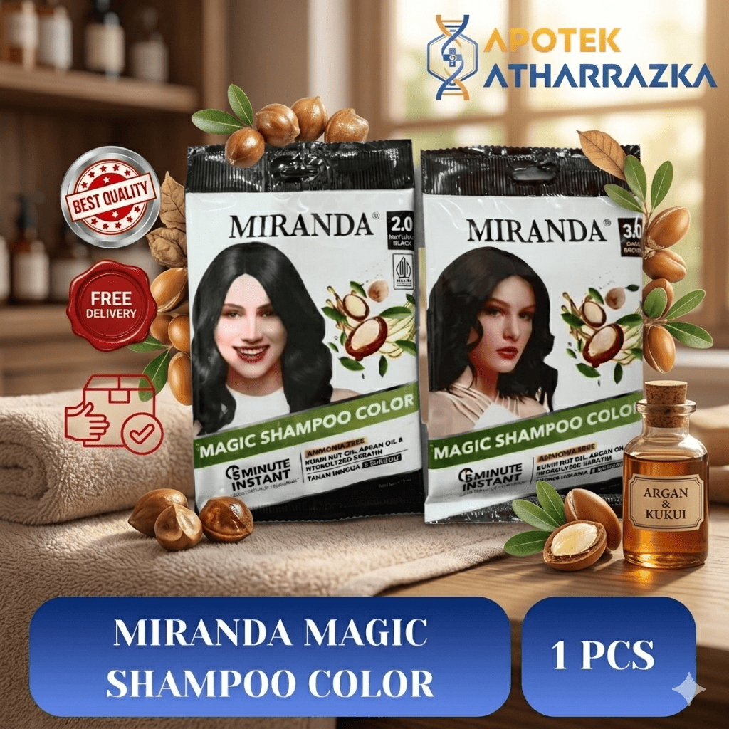 Shampoo Pewarna Rambut Miranda 30ml - Hitam Alami & Coklat Gelap, Perawatan Rambut Uban