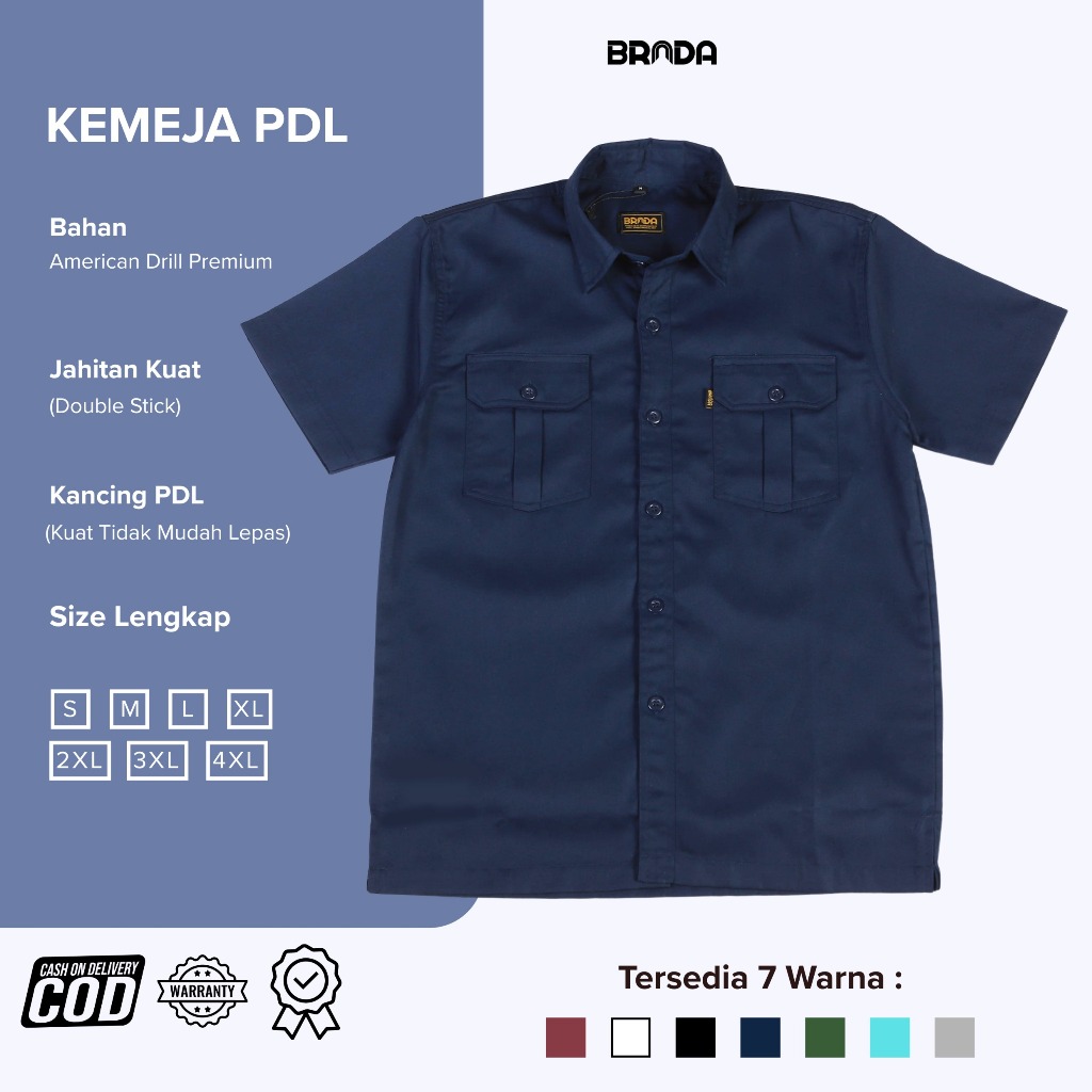 BRADA - Kemeja PDL PDH Drill / Baju Atasan Seragam Kerja Lapangan Pendek Biru Navy
