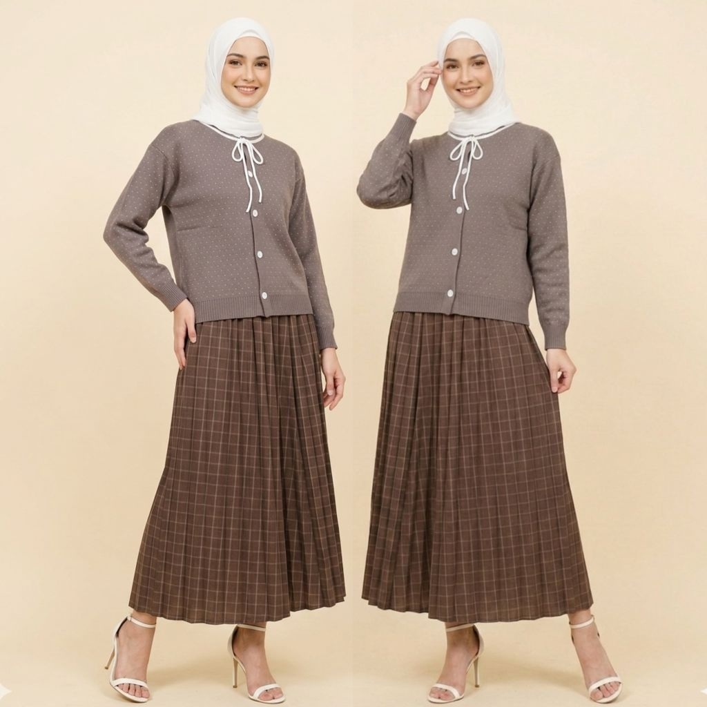 Setelan Wanita Dewasa Mahalini Atasan Rajut Motif Polkadot + Rok Plisket Motif Kotak