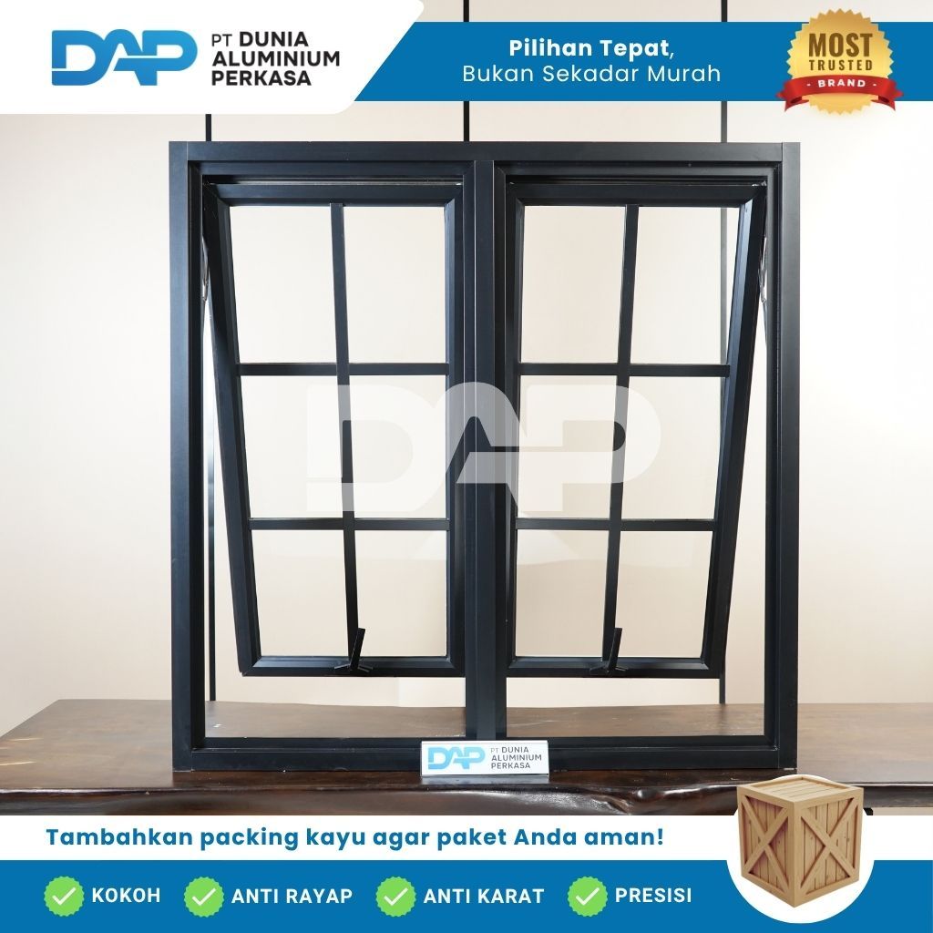 Jendela Aluminium Ornamen L80 x T120 Casement 2 Daun Custom Kusen Aluminium + Kaca