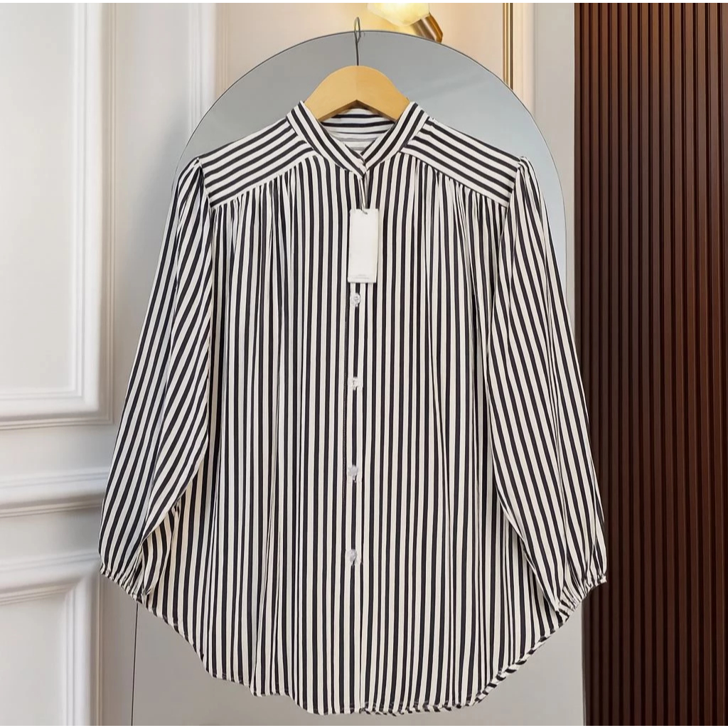 Kemeja wanita motif salur bahan katun rayon korean style