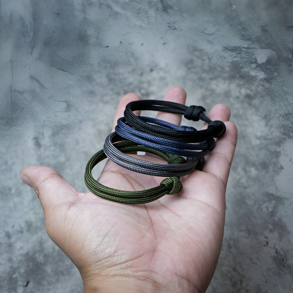 Gelang Paracord Simpel Unisex - Hitam Polos, Adjustable Tali Prusik