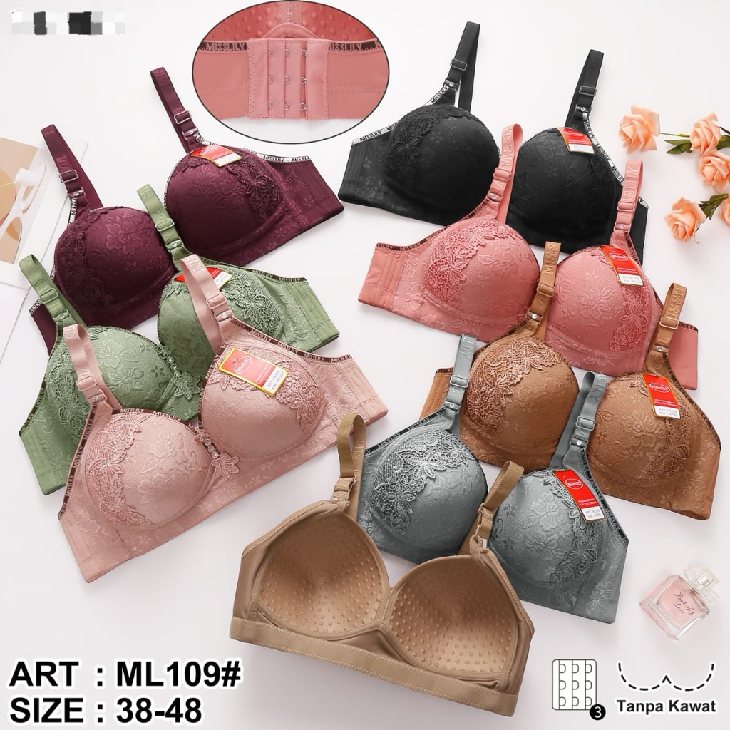 (3 PCS) BH Jumbo Misslily ML 109 Cup C Kait 3 Brukat Bra Tanpa Kawat Cup Besar Misslily