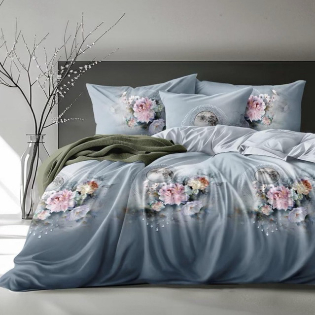 BIOSIBEDDING Sprei Katun Jepang Original Motif Bunga Abu Biru Custom Semua Size - Bisa Custom Rimpel