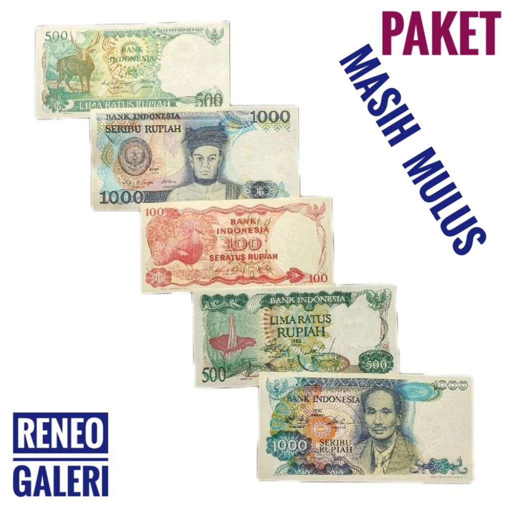 Paket 5 Lembar Mulus tahun 80an miniset 1980an uang kertas kuno Rupiah antik unik asli original