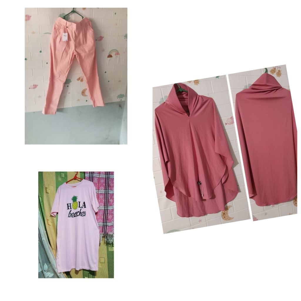 paket hemat( celana panjang,jilbab jersey& daster kaos)