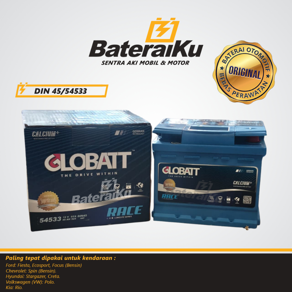Aki kering Globatt DIN45 MF untuk mobil Ford Fiesta, Hyundai Creta, Chevrolet Spin.