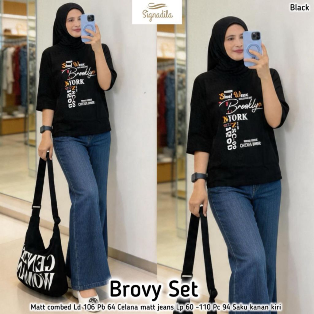 Brovy Setelan Wanita Celana Jeans Cutbray dan Atasan Kaos Combed