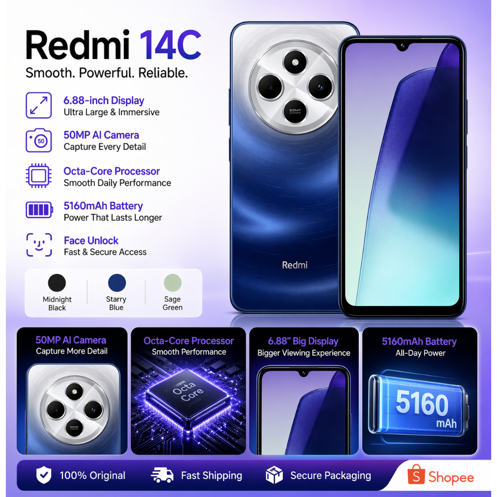 REDMI 14C HP Android Kamera 50MP Layar Smooth 120Hz RAM Besar Penyimpanan Luas