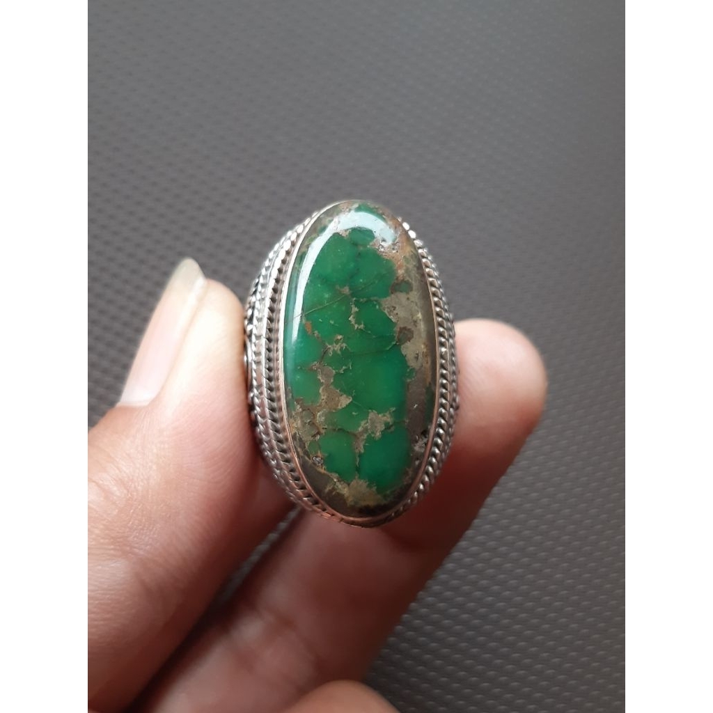 Natural Pirus Persia Hijau Kedondong Urat Kuro Ring Perak 925