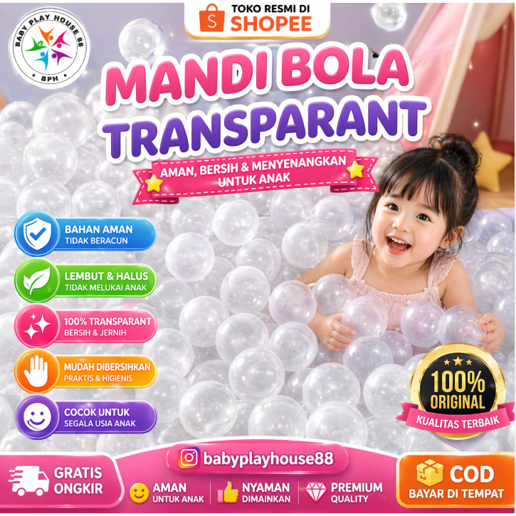 Mandi Bola Anak Transparant Clear High Quality LDPE PETLIN ORI