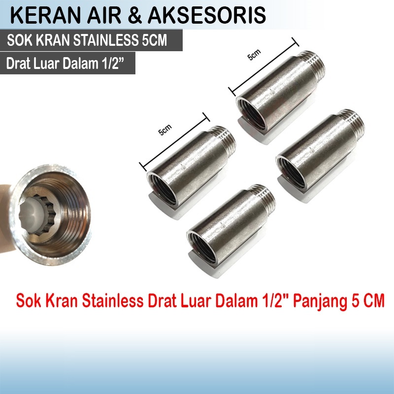 (SNS) Sok Kran Stainless Drat Luar 1/2" - Drat Dalam 1/2" (inch)  Panjang 5cm  Sock Nepel Sambungan
