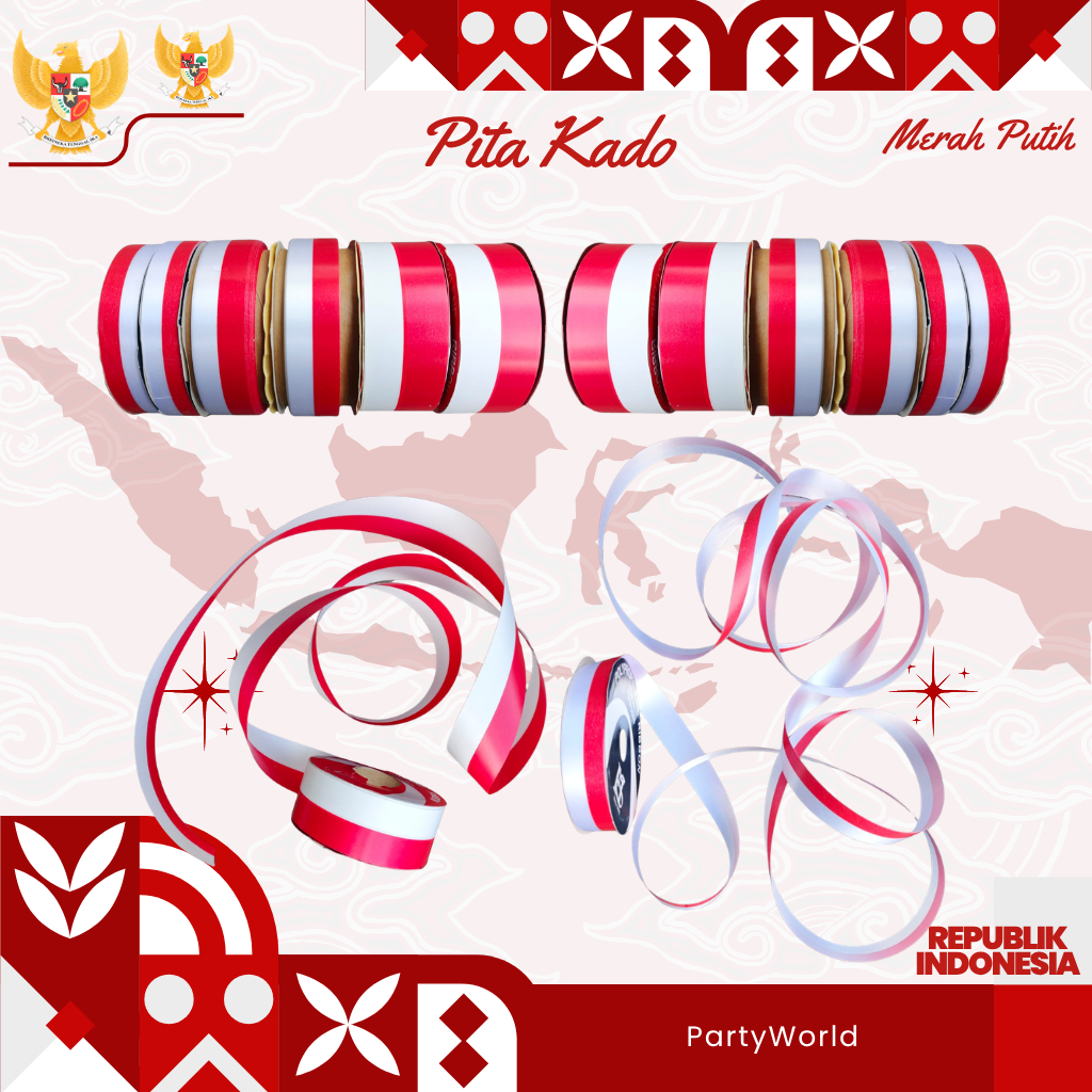1 Meter Pita Kado Merah Putih Uk 2cm 2,5cm 3,8cm | Pita Bendera Merah Putih 20mm 25mm 28mm | Pita Ka