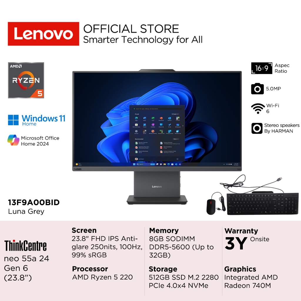 Lenovo PC ThinkCentre AIO neo 55a 24 Gen 6 0BID AMD Ryzen 5 220, Integrated AMD Radeon 740M Graphics