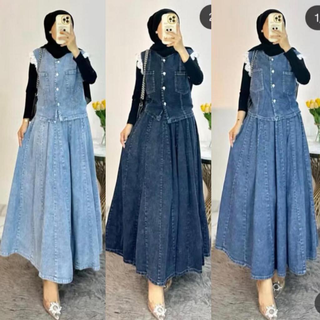 SET ROK JEANS DENIM WANITA ATASAN DAN ROK PANJANG JEANS DENIM PREMIUM SETELAN ROK JEANS TERLARIS NEW