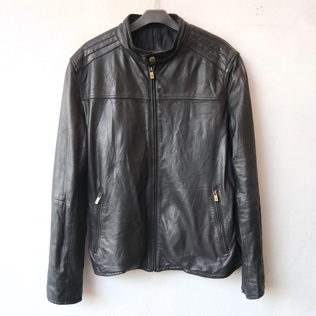 Massimo dutti ukuran L Jaket kulit asli domba slim casual kerah koko shanghai biker rider jaket moto