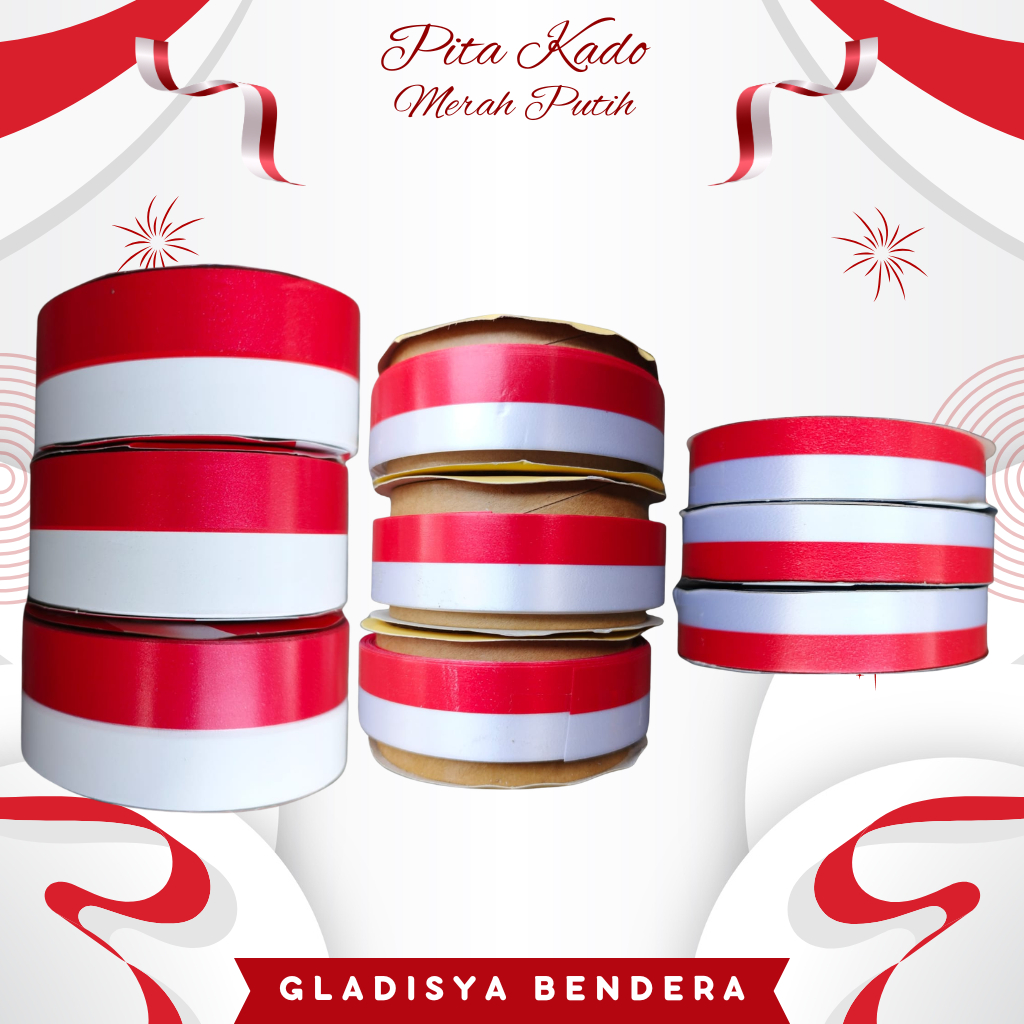 [Roll] Pita Kado Merah Putih Uk 2cm 2,5cm 3,8cm | Pita Bendera Merah Putih 20mm 25mm 28mm | Pita Kad
