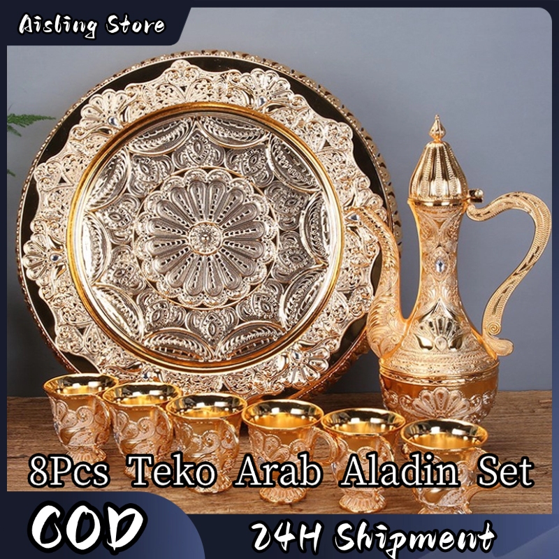 8Pcs Set Teko Arab Aladin Emas Desain Mewah Elegan Kendi Gelas Anggur Hiasan Meja Hadiah Unik