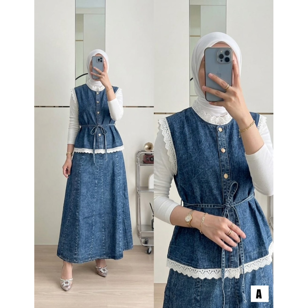 Lady Trend Setelan Denim Wanita Korean Style Vest Renda + Rok Jeans Panjang Aesthetic Kekinian