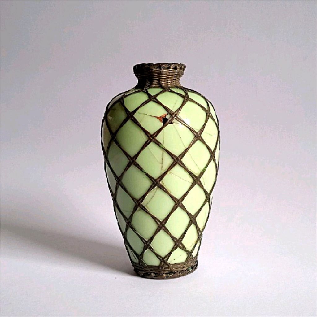 Antik Vintage Guci Porselen Celadon Seni Rajut Tali Tembaga Langka Tua Kuno Layak Koleksi