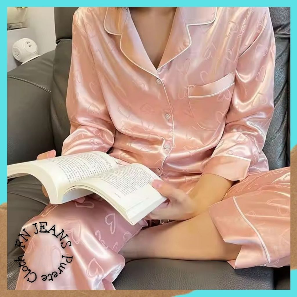 Pajamas Set Satin Premium Wanita Baju Tidur Piyama Lengan Panjang Motif Love Aesthetic BTW 10