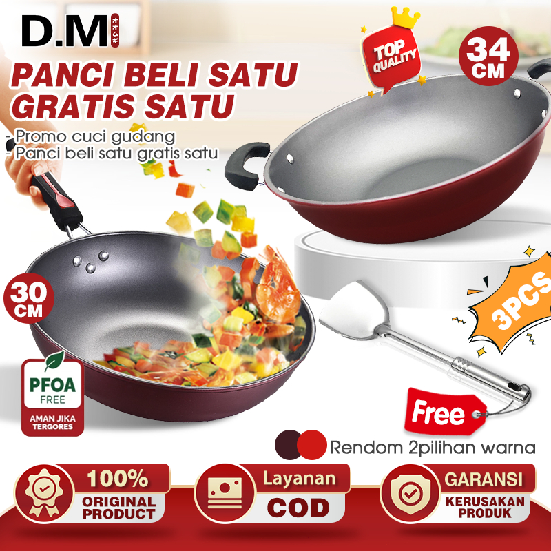 D.M Wajan Tumis & Fry Pan Combo Set 2 in 1 | Wonder Wok 34CM Maslon Maspion+Marble Fry Pan 30CM Anti
