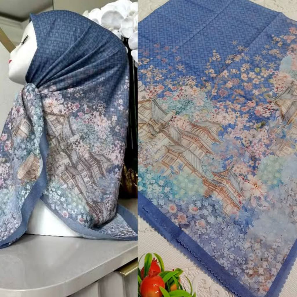 Segiempat Voal Sublim Biru Denim Motif Japanese Segiempat Katun Voal Hijab Motif