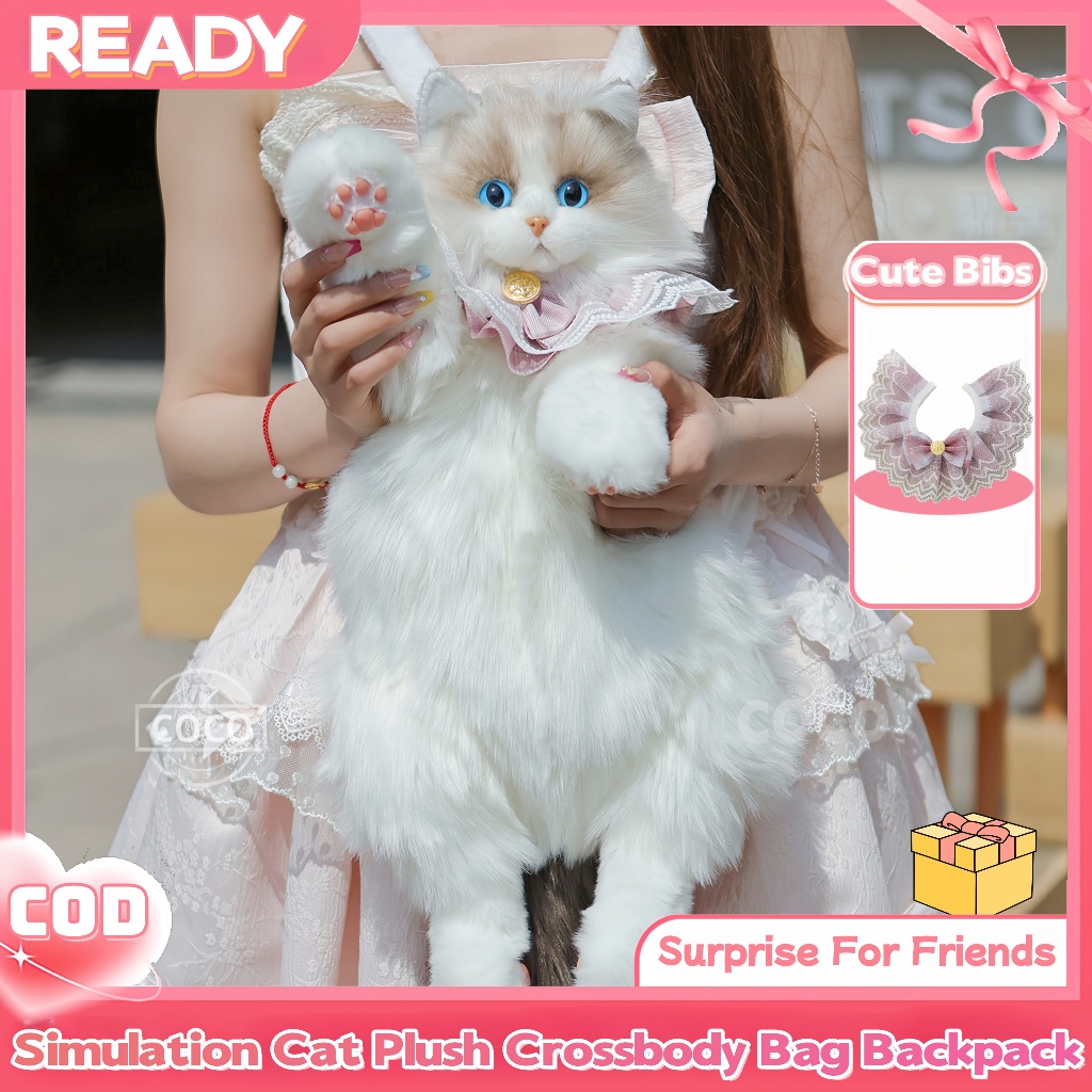 [Kualitas Tinggi] Tas Ransel Plush Kucing Lucu Realistis/ Ransel Wanita Boneka Import Korea/ Pendamp