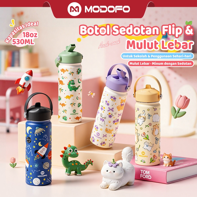 MODOFO Tumbler Stainless 530ml Tumblr Tahan Panas Dingin 24 Jam Botol Minum Anak Perempuan Laki Laki