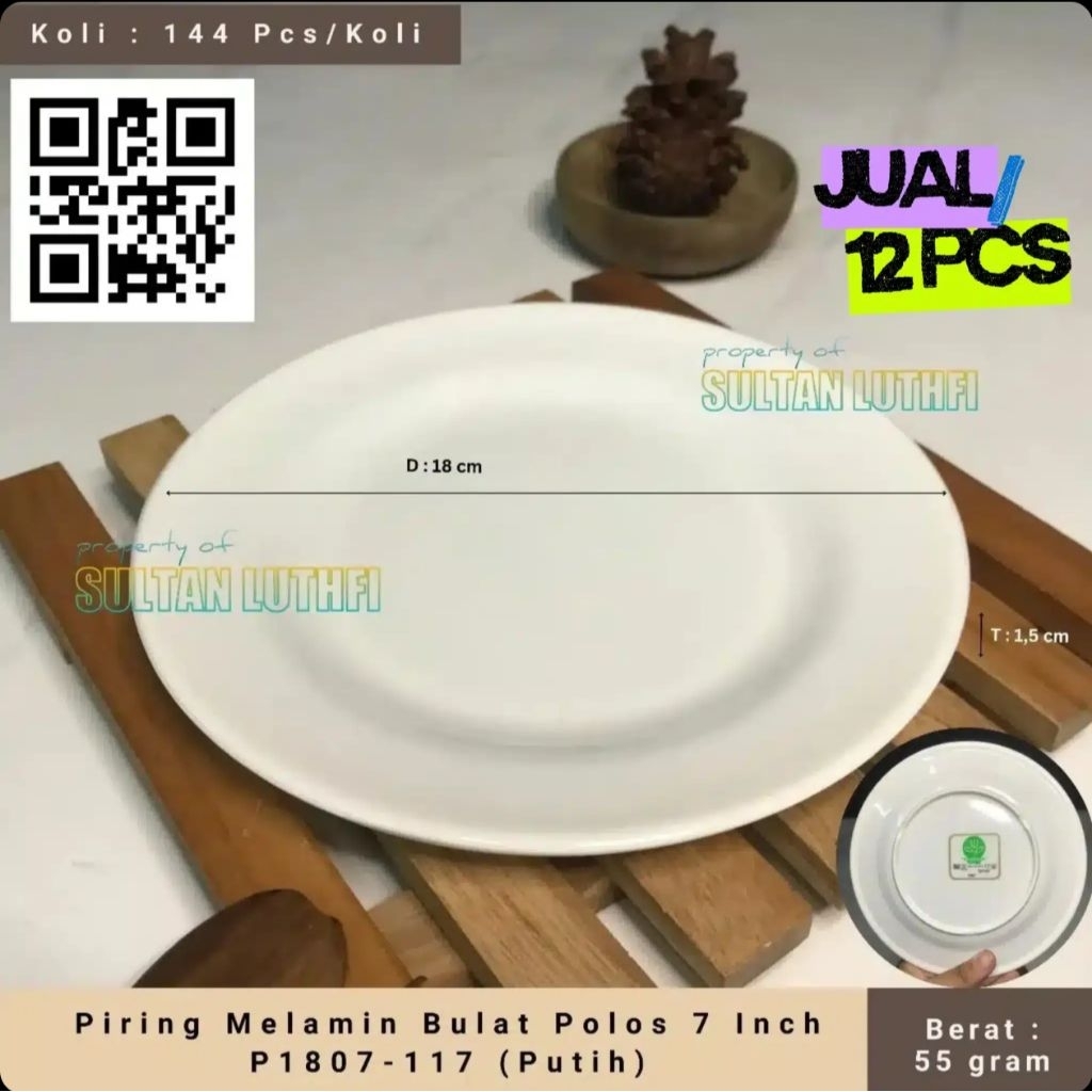 Piring Melamin Bulat Polos 7 Inch P1807-117 (Putih)