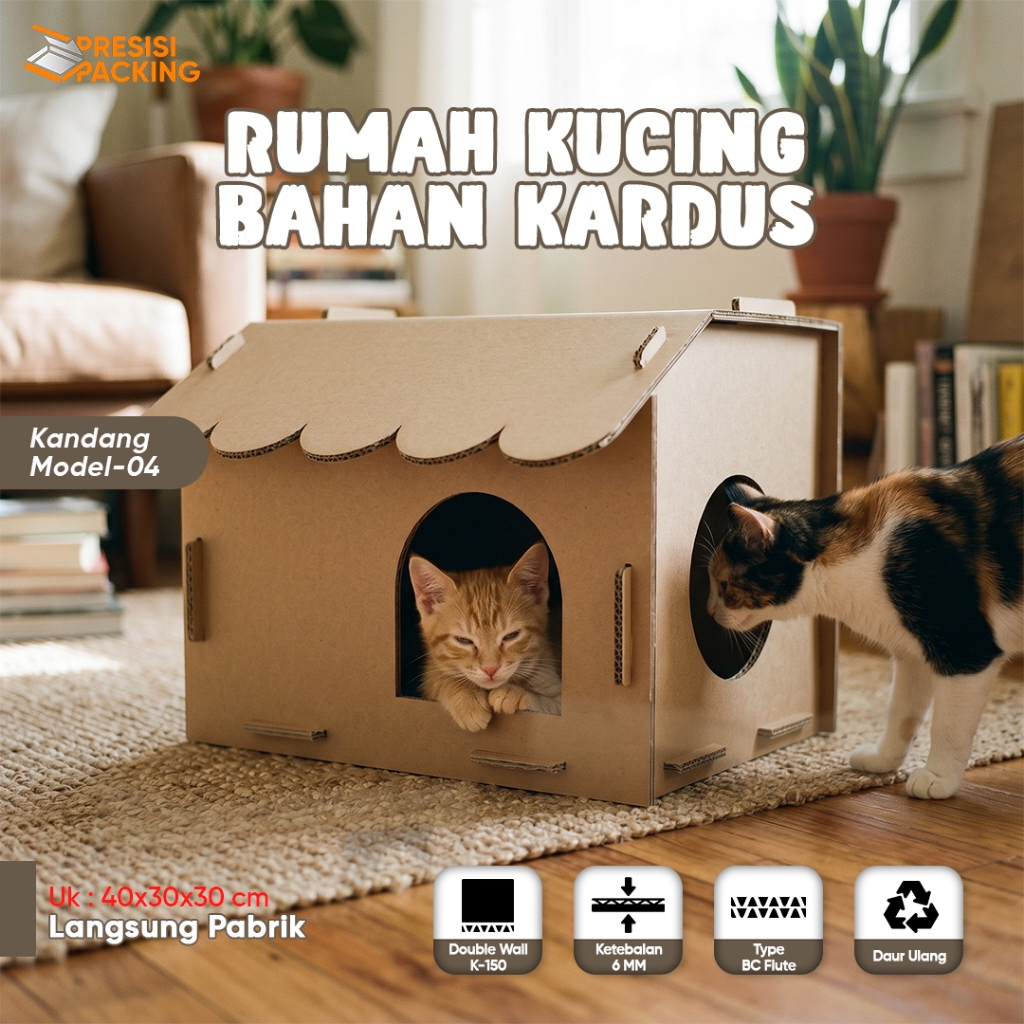 Rumah Kucing bahan kardus untuk mainan hewan peliharaanPremium P-02 Bahan Kardus 6mm Ukuran 40x30x30