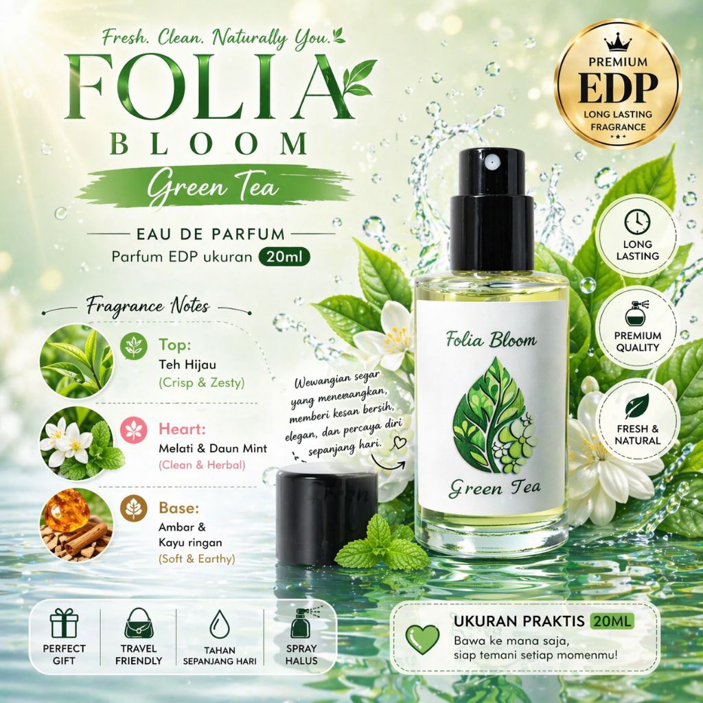 Parfum Green Tea | Folia Bloom 20ml - Aroma Teh Hijau Segar Tahan Lama [Unisex EDP]Parfum Murah | Pa
