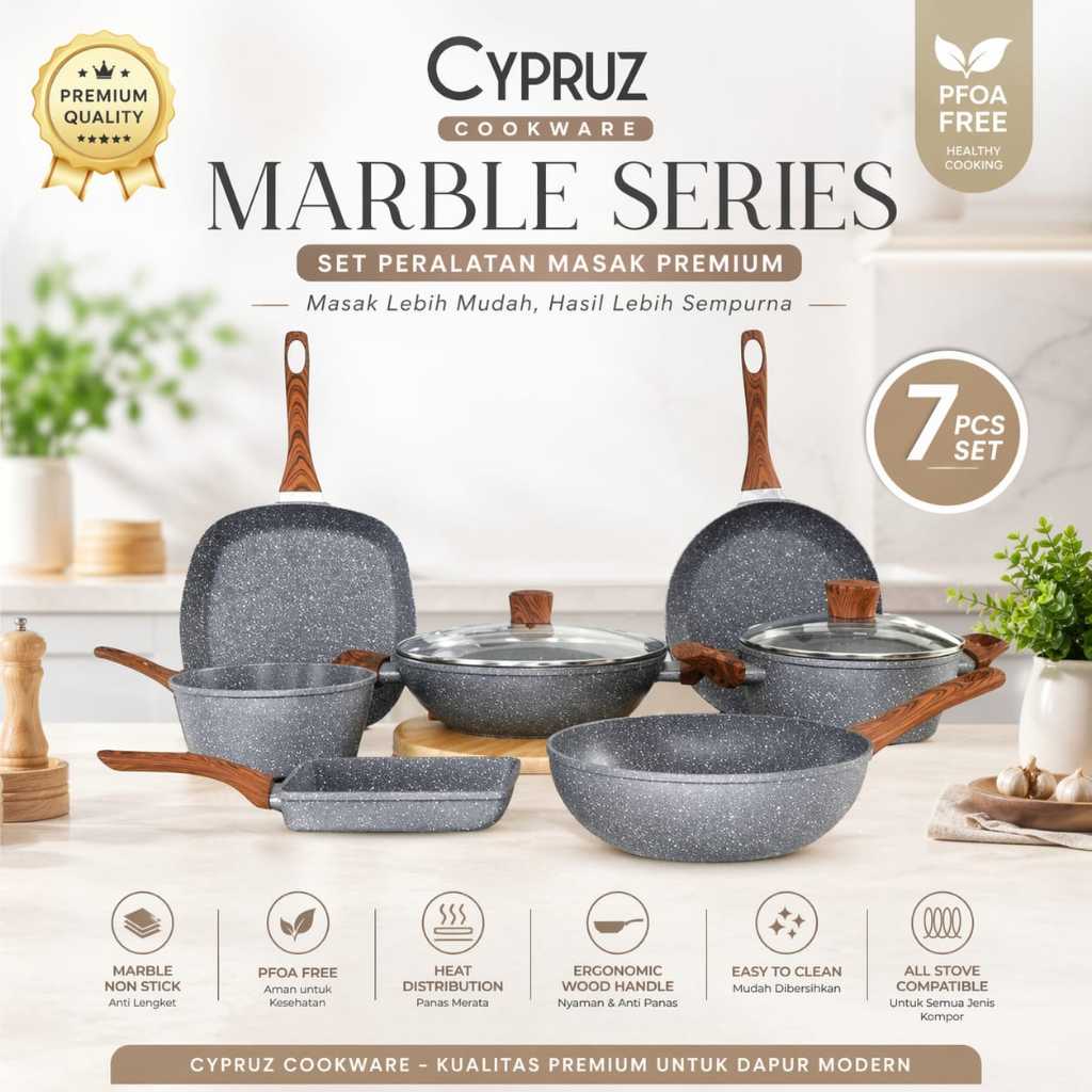 Cypruz Cookware set 7 pcs Marble Series – Wajan & Panci Anti Lengket, Dapur Minimalis & Modern