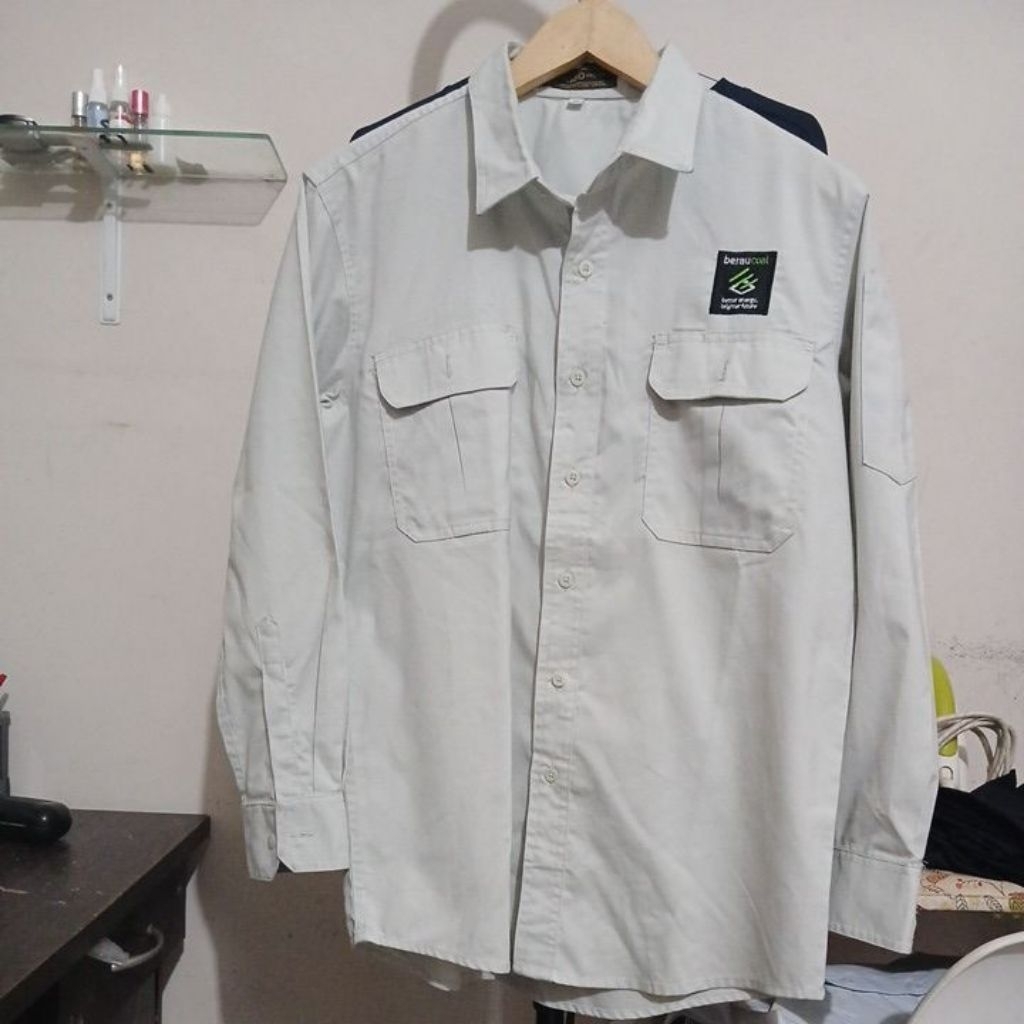 Kemeja katun tebal tactical outdoor warna putih kehijauan MIDO UNIFORM second Original Size L LD 108