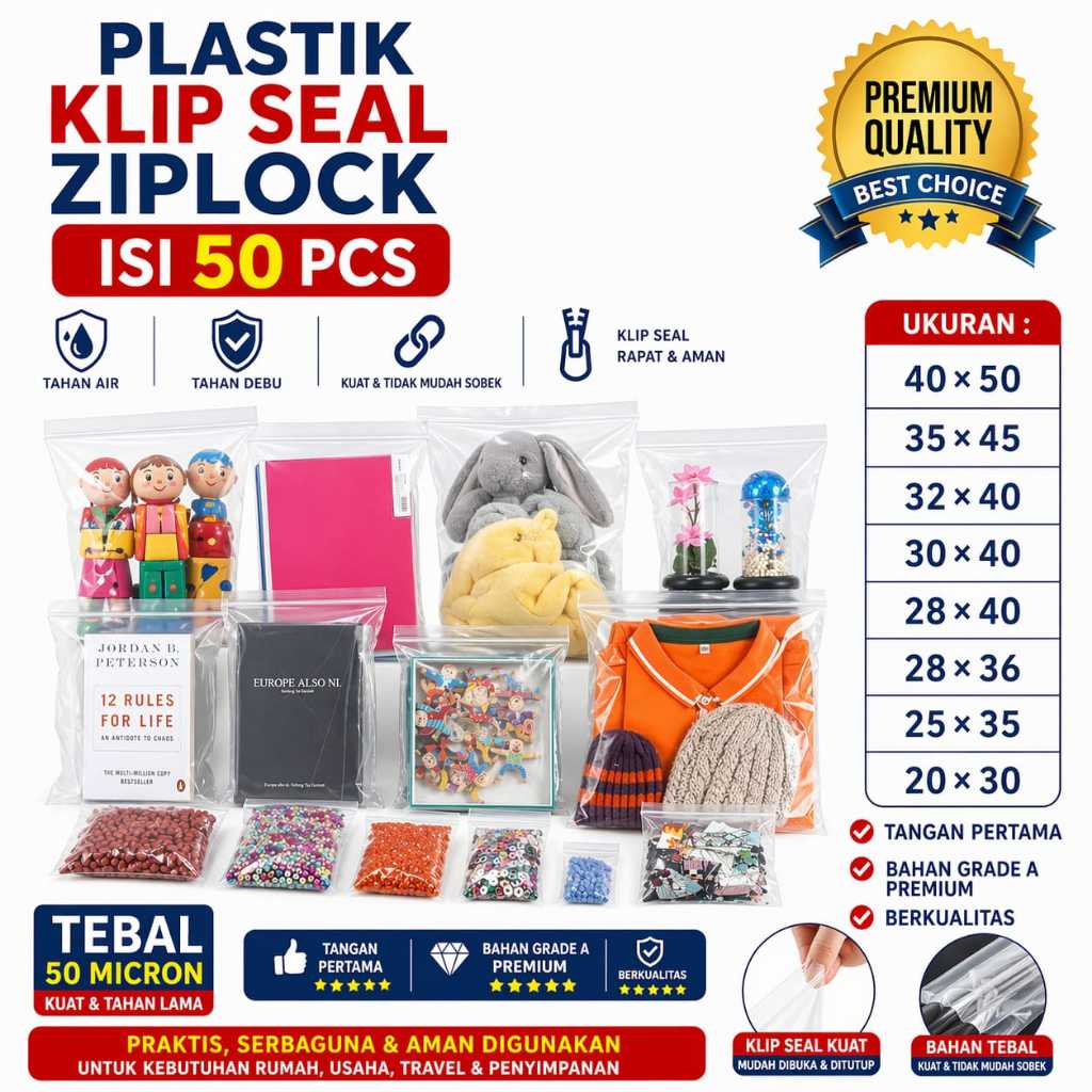 Plastik Ziplock Tebal 50 Micron 50 Lembar | Plastik Klip Tanpa Plong 20x30–50x50 | Bening Kuat Anti 
