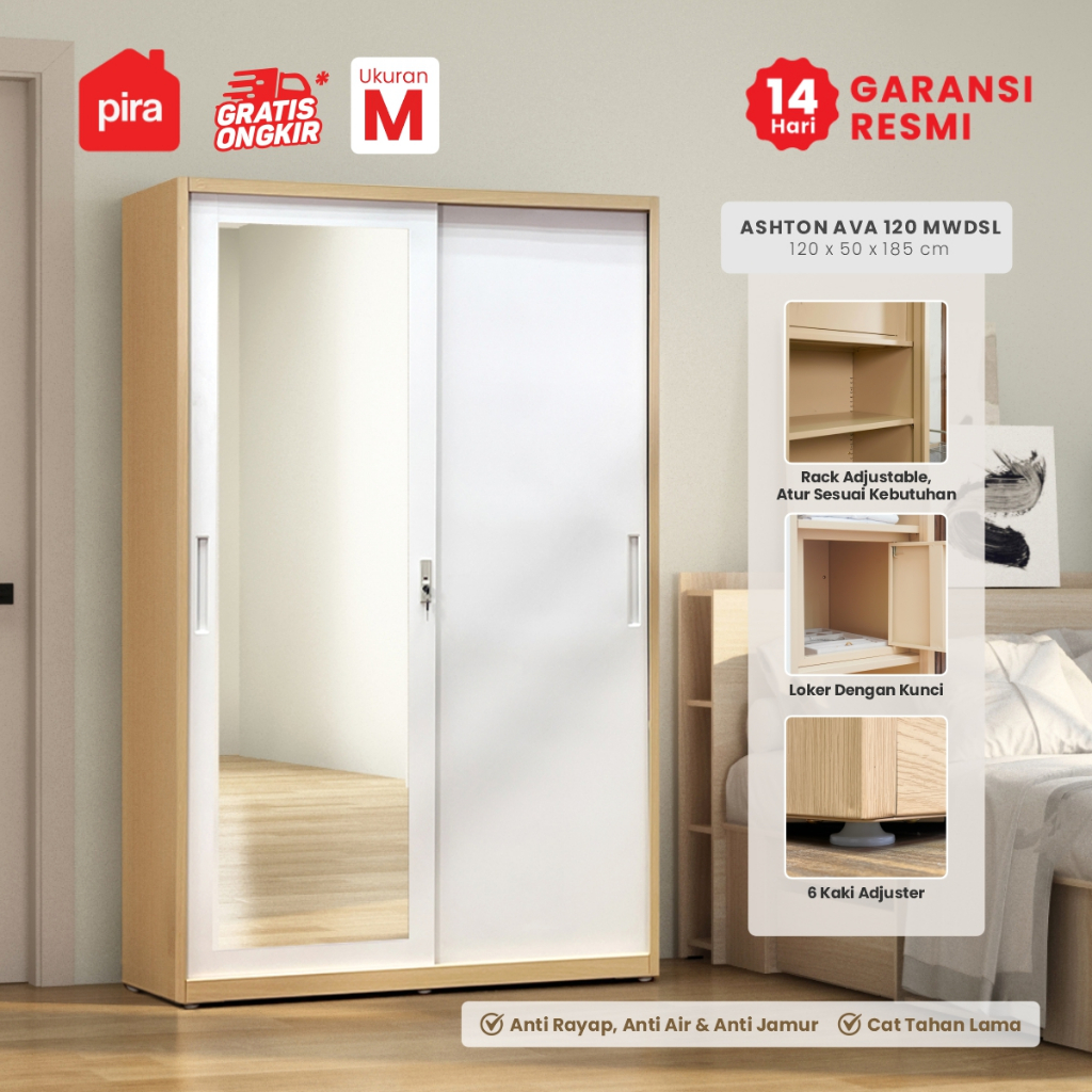 PIRA - ASHTON AVA 120 MWDSL Lemari Pakaian Besi Sliding / Geser Motif Kayu
