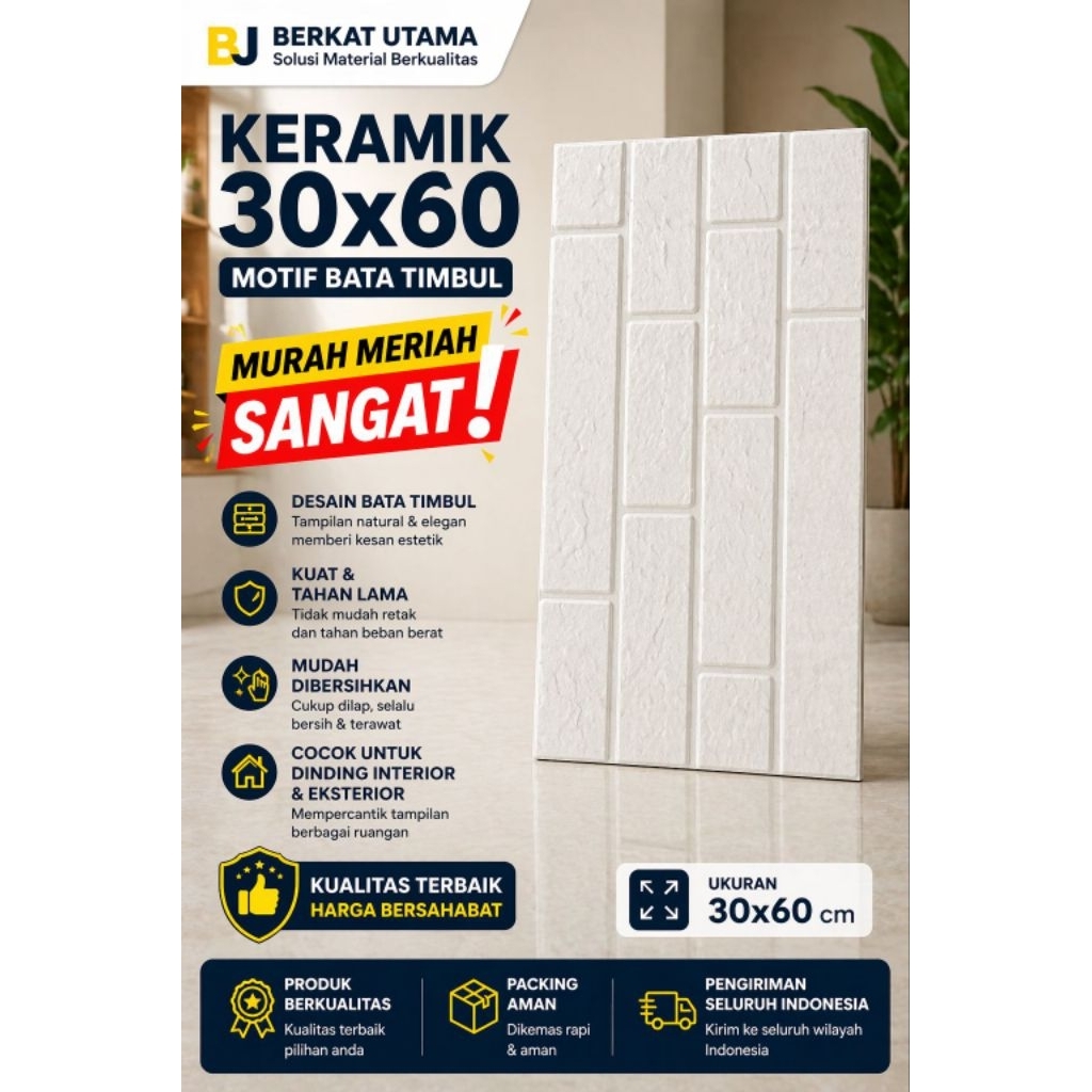 KERAMIK DINDING 30X60-KERAMIK DAPUR 30X60 PUTIH-BATA DOFF TIMBUL KASAR IKAD