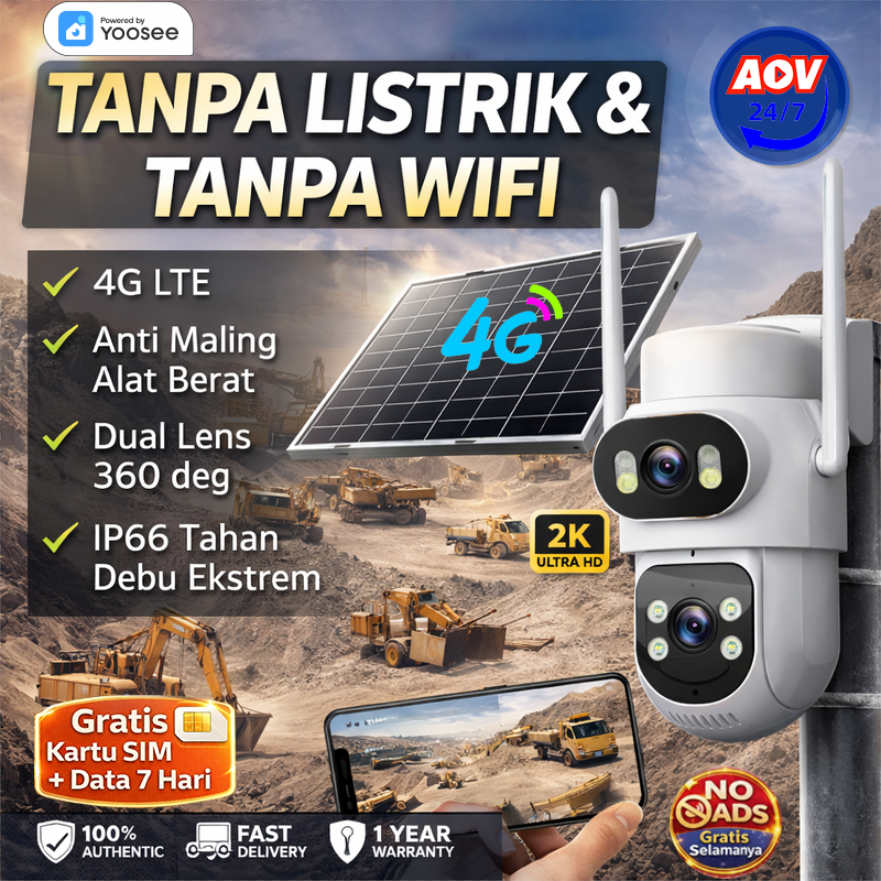 Yoosee CCTV Tambang 4G Tenaga Surya 2K Ultra HD Tanpa Listrik & WiFi Deteksi Gerak IP66 Tahan Debu E