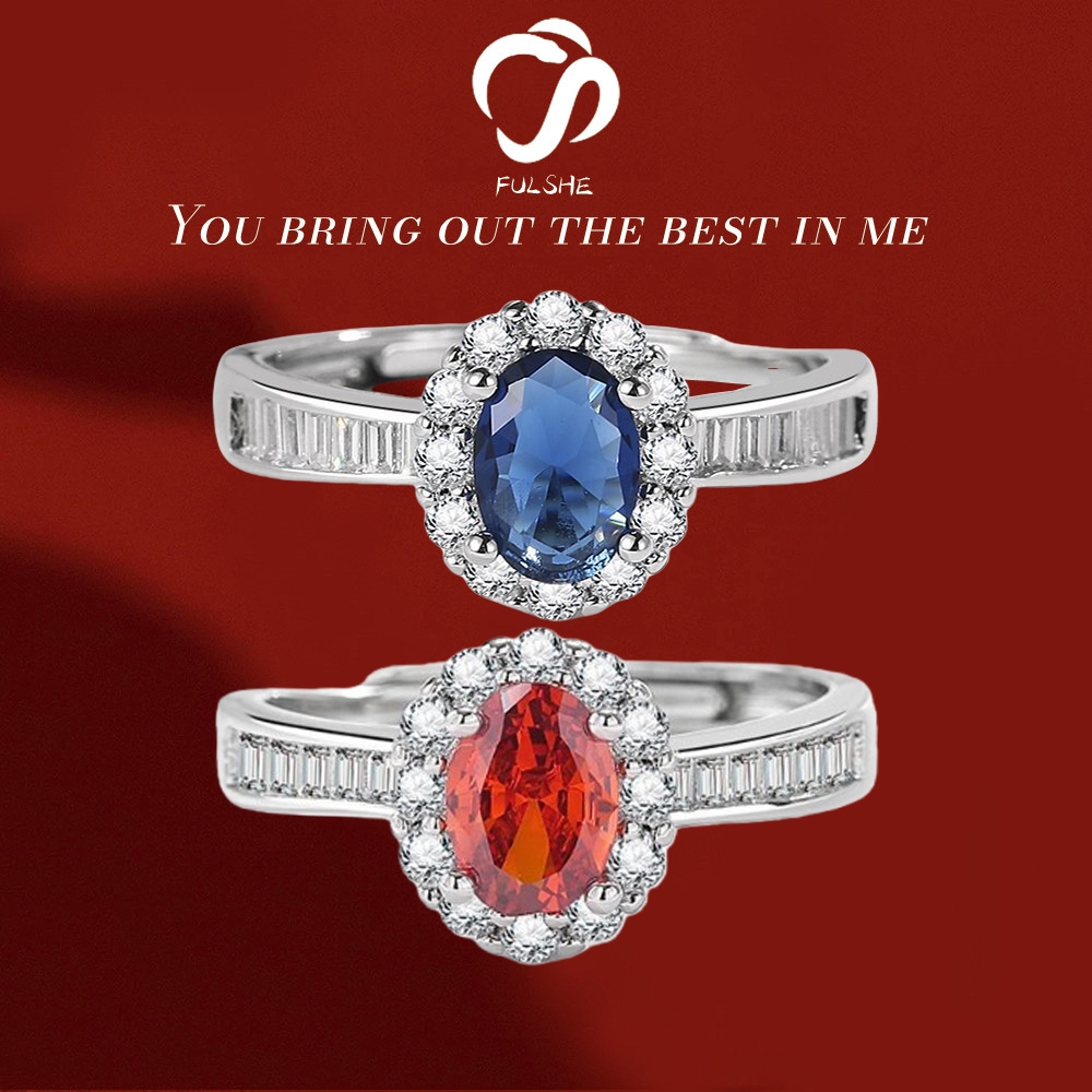FULSHE Cincin Berlian Wanita Safir Biru Asli Gaya Korea Ring Berlian Oval