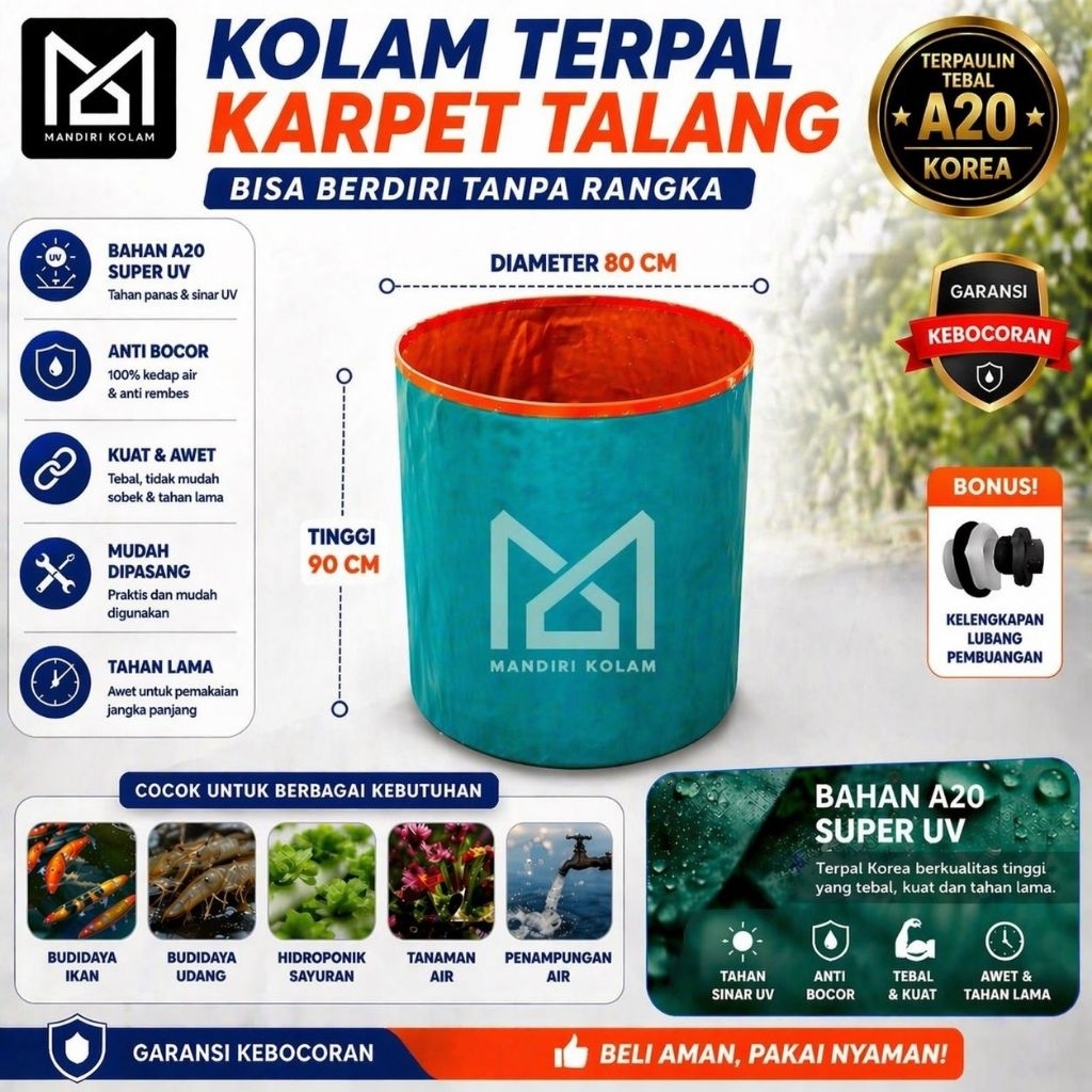 Kolam Terpal Bulat Tanpa Rangka A20 D80 T90 - Kolam Terpal Siap Pakai  Rangka Karpet Talang Bisa Ber