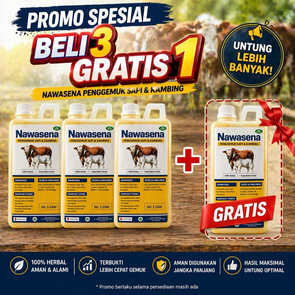 Beli 3 Gratis 1 Nawasena Penggemuk Sapi & Kambing 1L – Cepat Gemuk, Nafsu Makan Naik, 100% Herbal Am