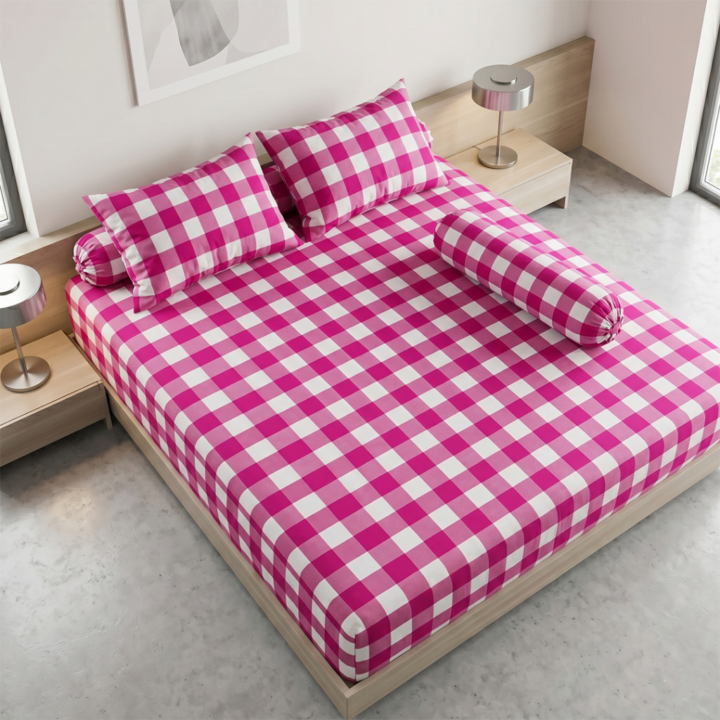 Sprei motif kotak kotak Pink Ukuran 180x200 Free Sarung Bantal & Guling