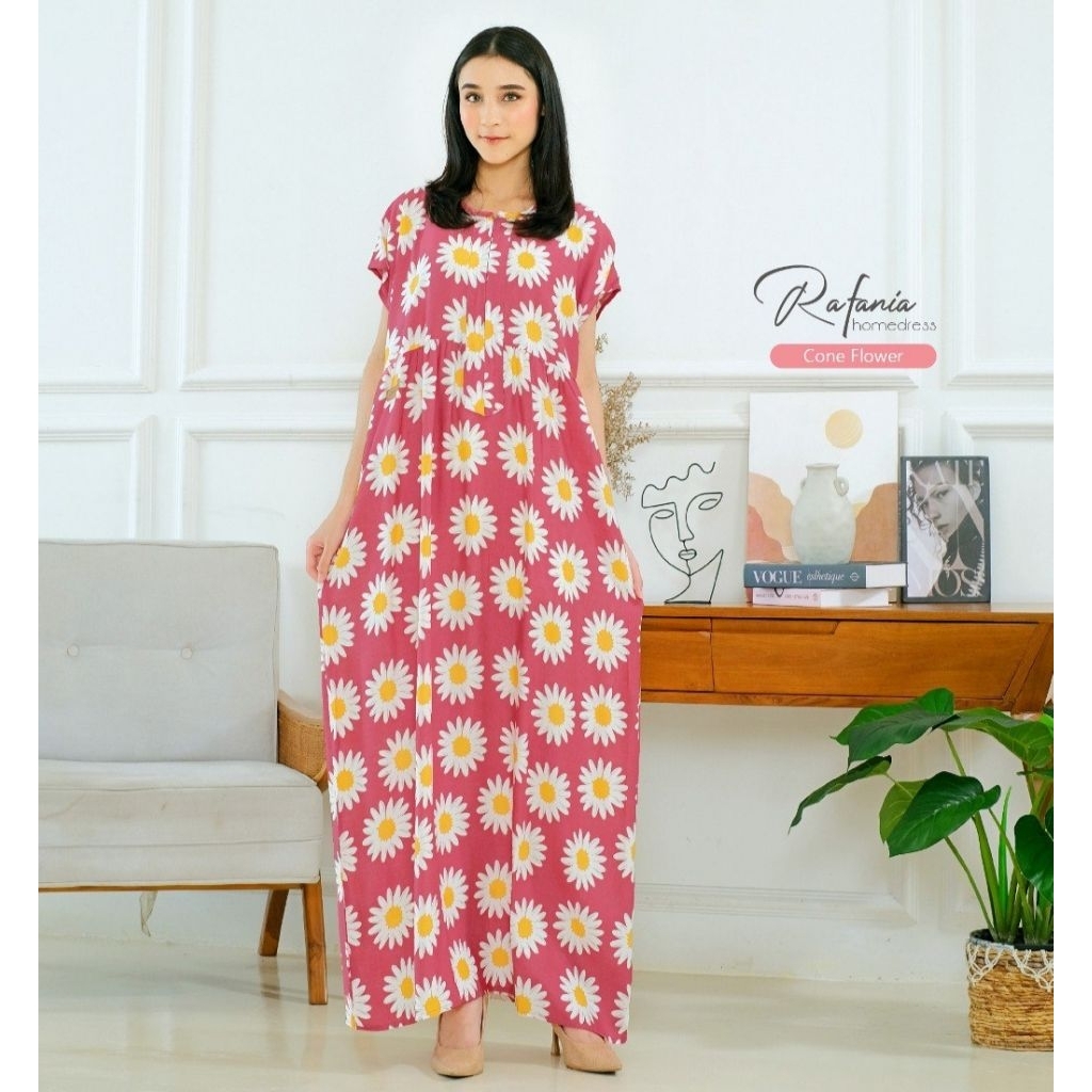 Rafania Homedress ORI by Yessana | Daster Rayon Twill Motif Bunga Adem detai Zipper depan & Saku kan