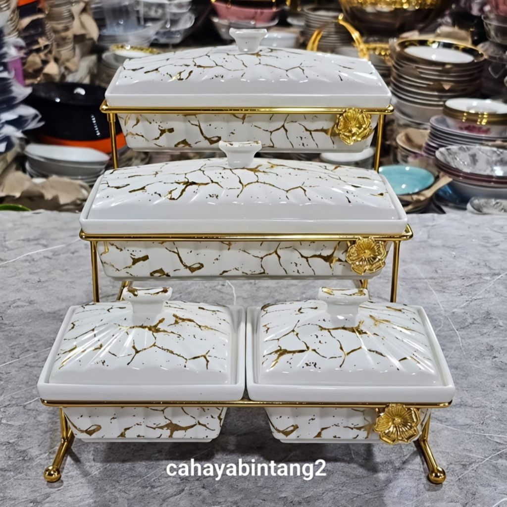 (Packing Kayu) Prasmanan/ Wadah Saji Bertingkat Keramik Marble Fiorenza MP883A/N / AK-883A AK-883B