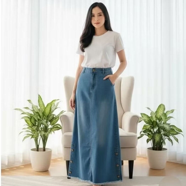 ALL KEY - ROK JEANS KANCING SAMPING//ROK JEANS WANITA//ROK JEANS TERBARU//ROK JEANS POLOS///ROK SPAN