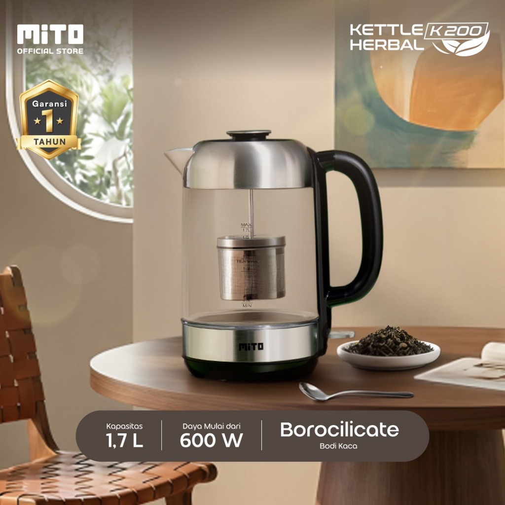 MITO Electric Kettle Herbal K200 1.7L | Teko Listrik Gelas Transparan Pemanas Air Transparent Glass