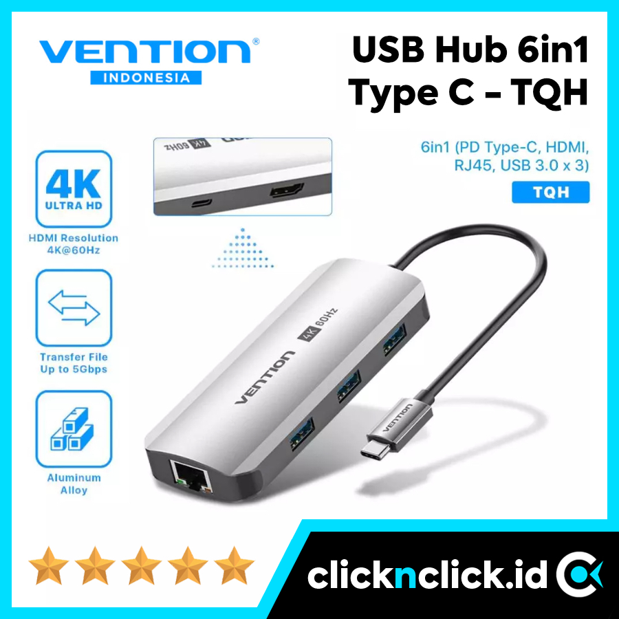 VENTION TQH - USB Hub 6in1 Type C to HDMI VGA RJ45 3x USB 3.0 PD 100W 4K 60Hz - LAN Tipe C Multiport